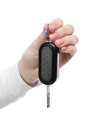 Photo of Woman with car key on white background, closeup. Buying auto