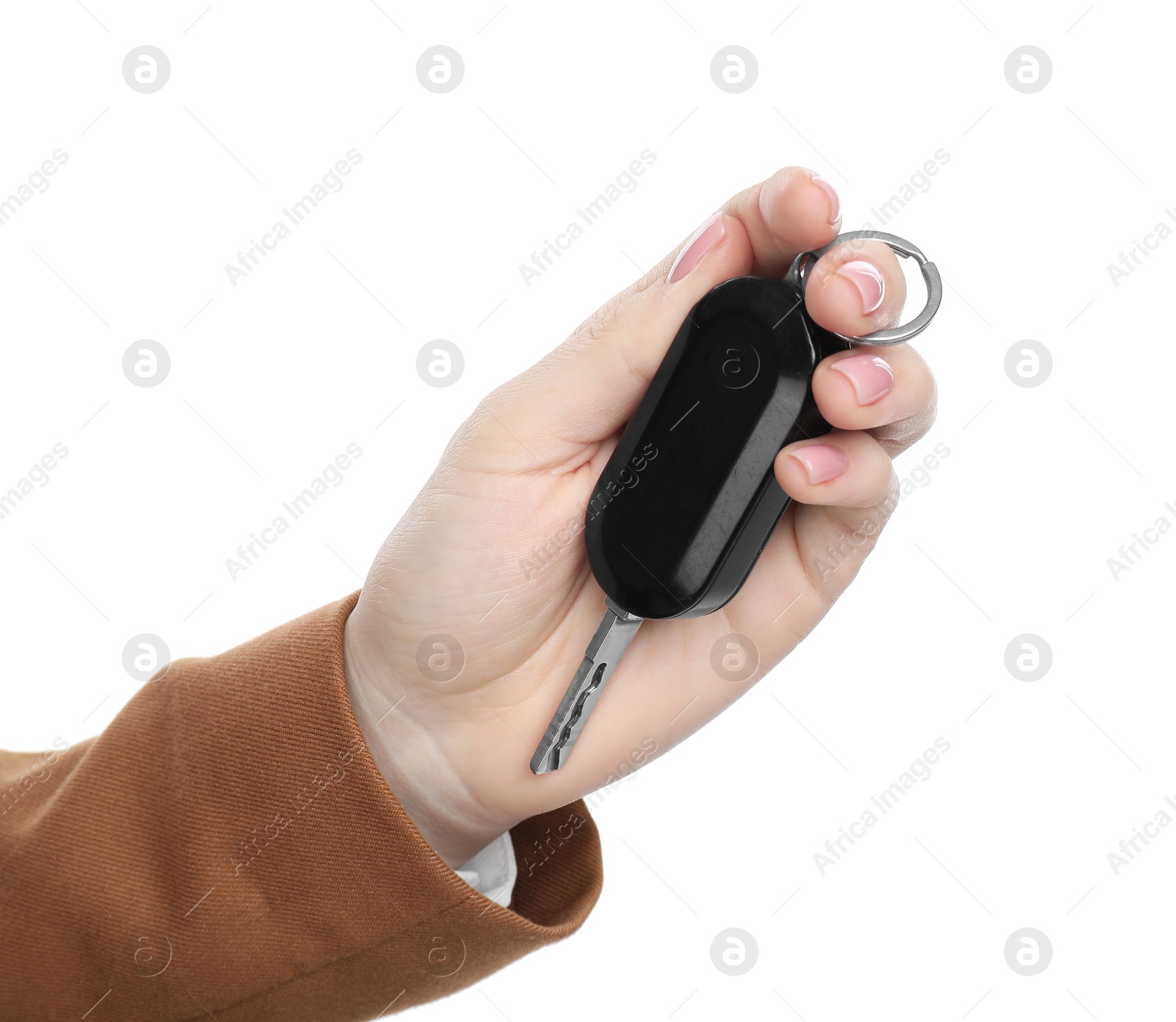 Photo of Woman with car key on white background, closeup. Buying auto