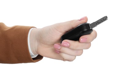 Photo of Woman with car key on white background, closeup. Buying auto