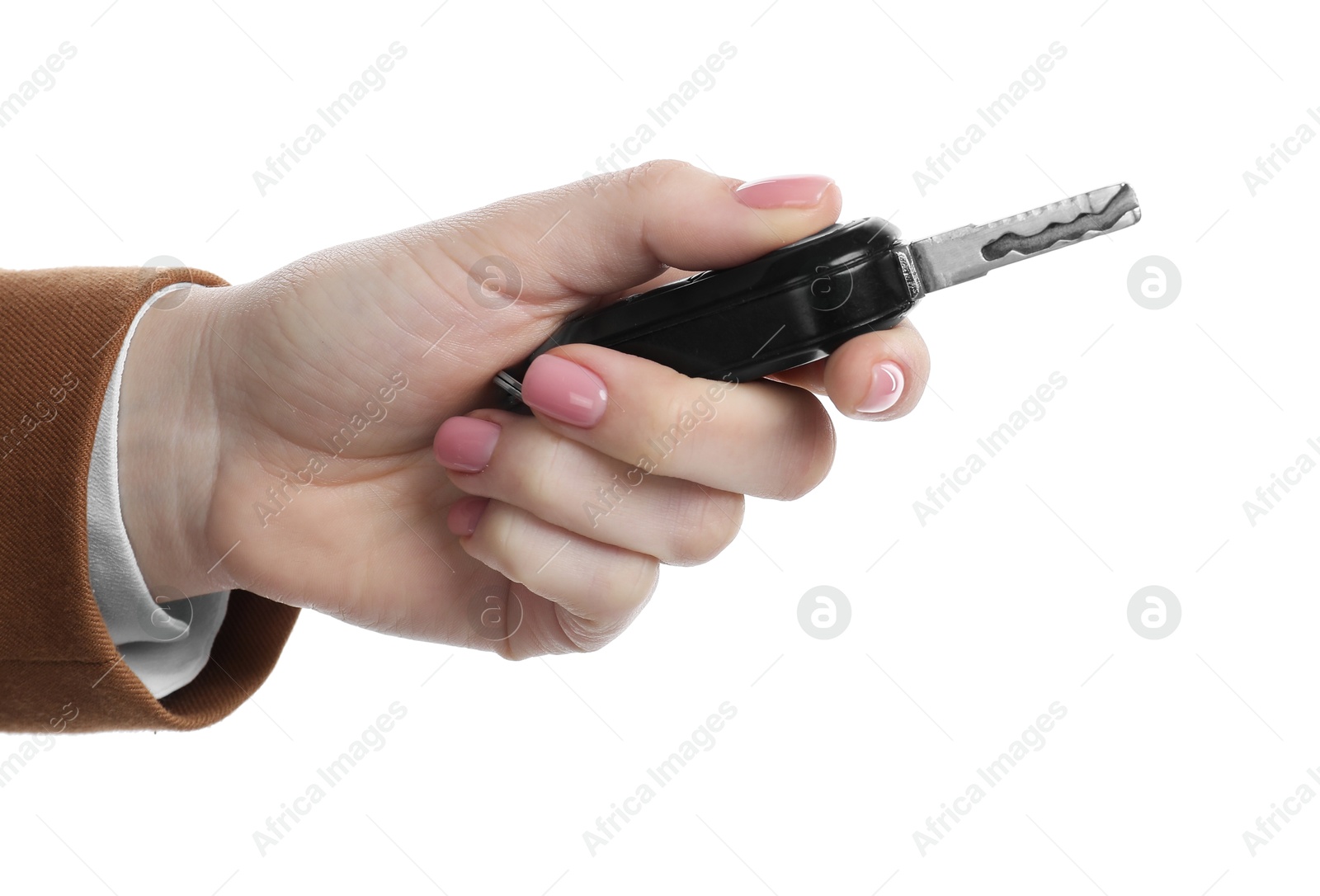 Photo of Woman with car key on white background, closeup. Buying auto