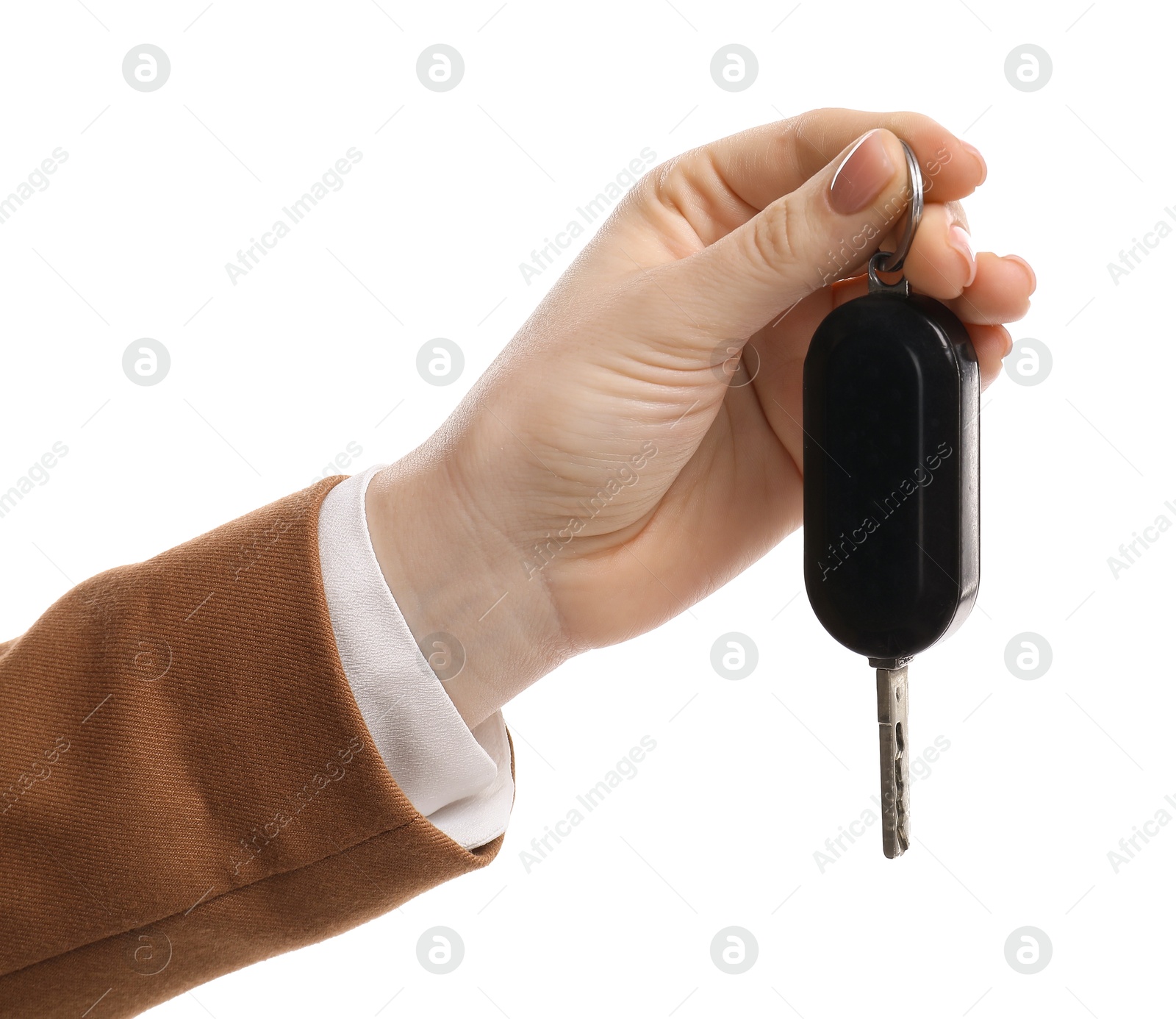 Photo of Woman with car key on white background, closeup. Buying auto