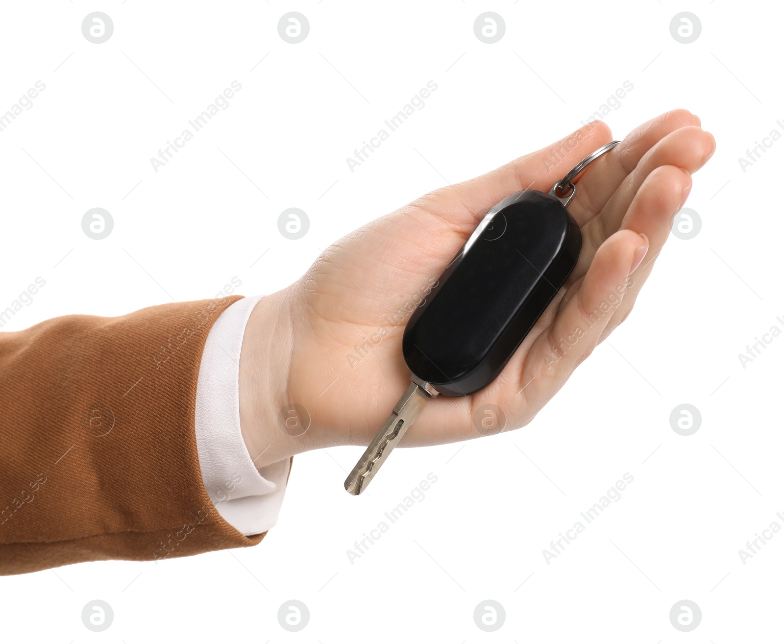 Photo of Woman with car key on white background, closeup. Buying auto