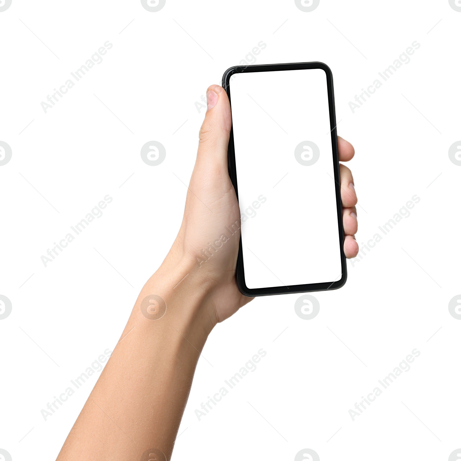 Photo of Man with modern smartphone on white background, closeup