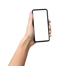 Photo of Man with modern smartphone on white background, closeup