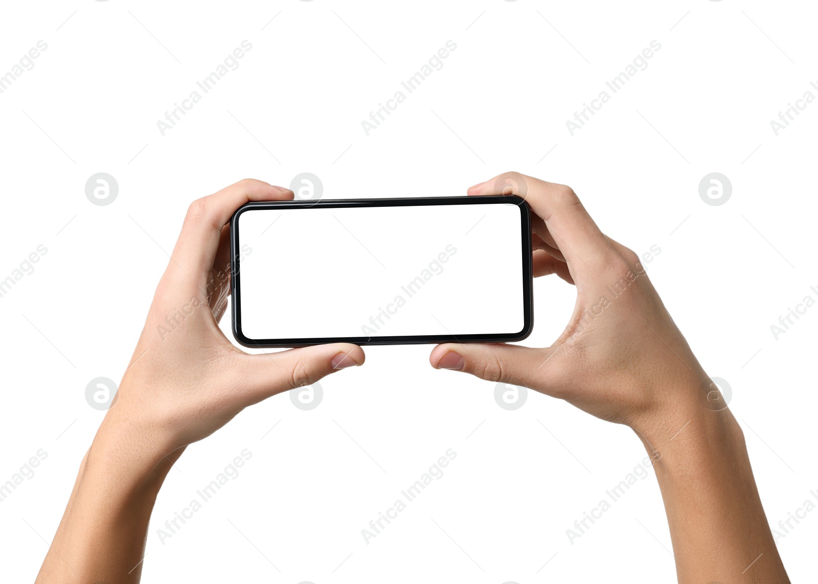 Photo of Man with modern smartphone on white background, closeup