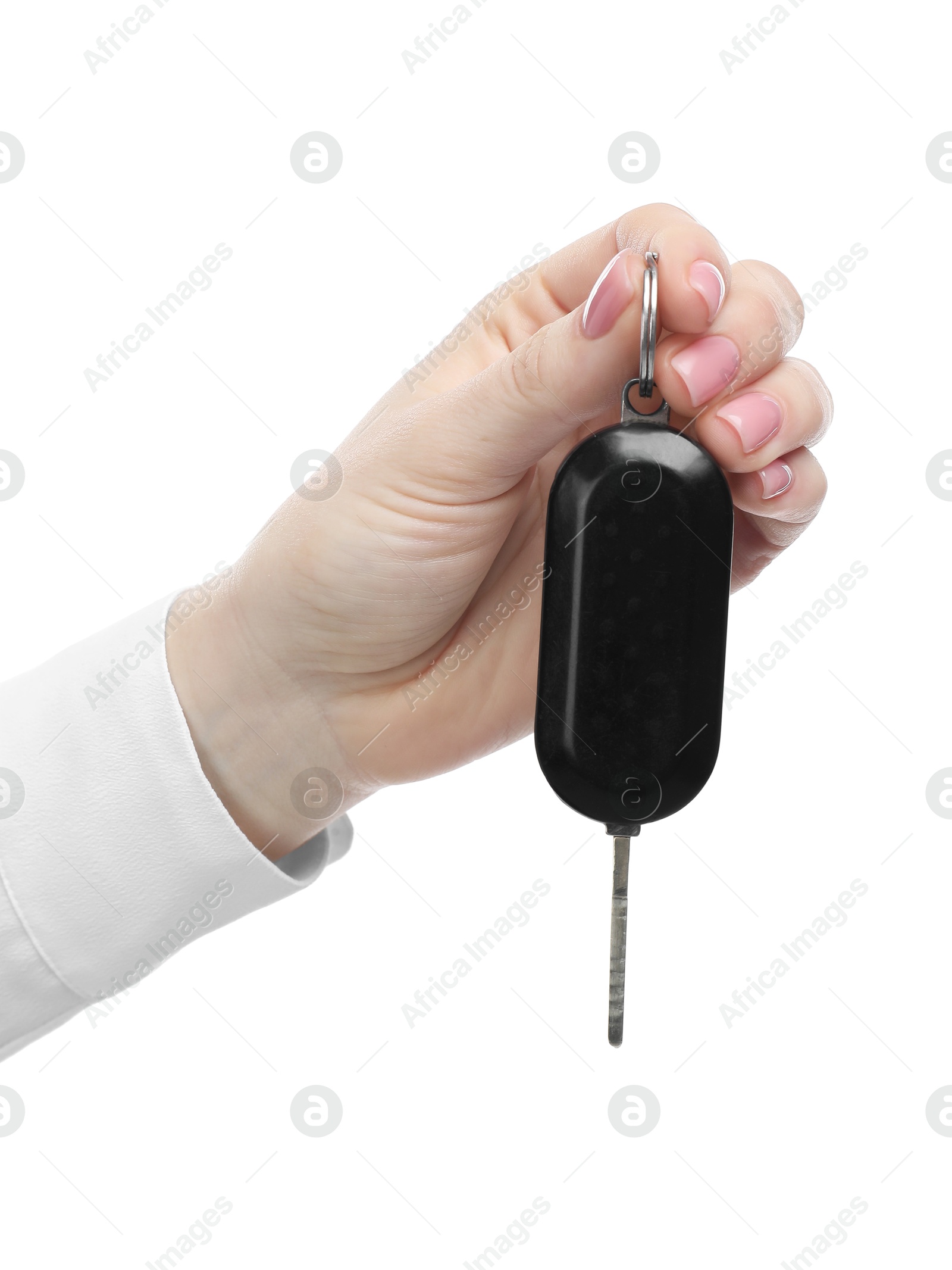 Photo of Woman with car key on white background, closeup. Buying auto