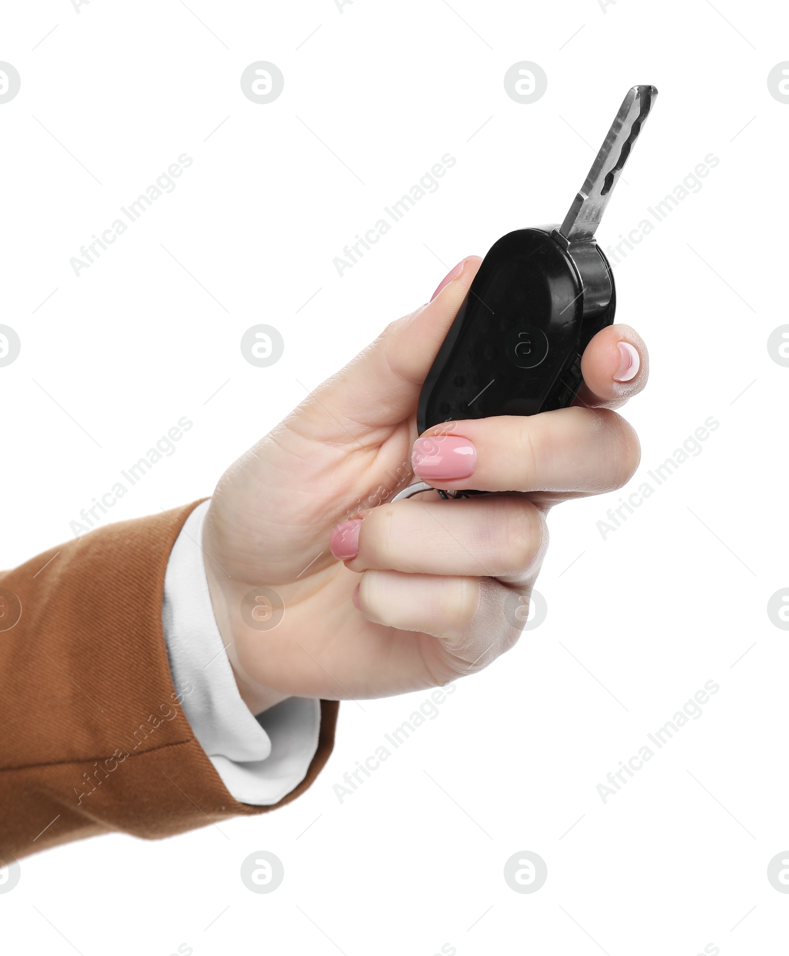 Photo of Woman with car key on white background, closeup. Buying auto