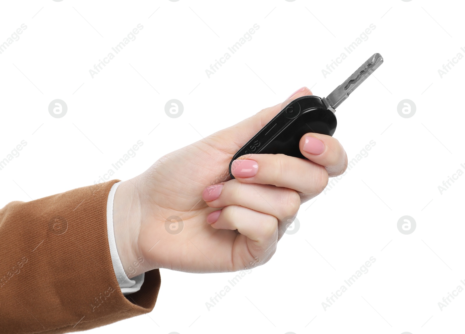 Photo of Woman with car key on white background, closeup. Buying auto