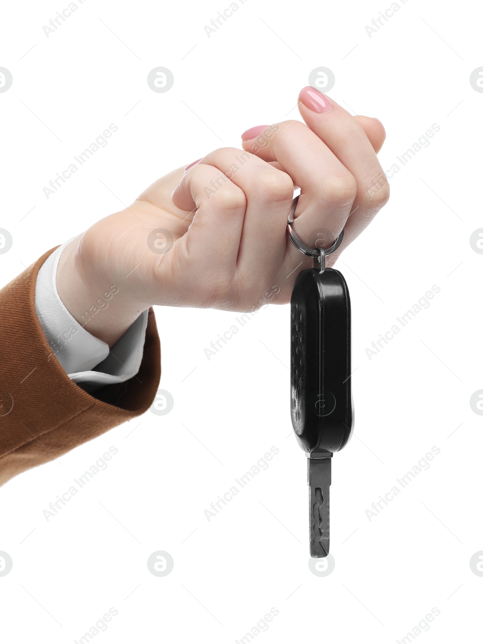 Photo of Woman with car key on white background, closeup. Buying auto