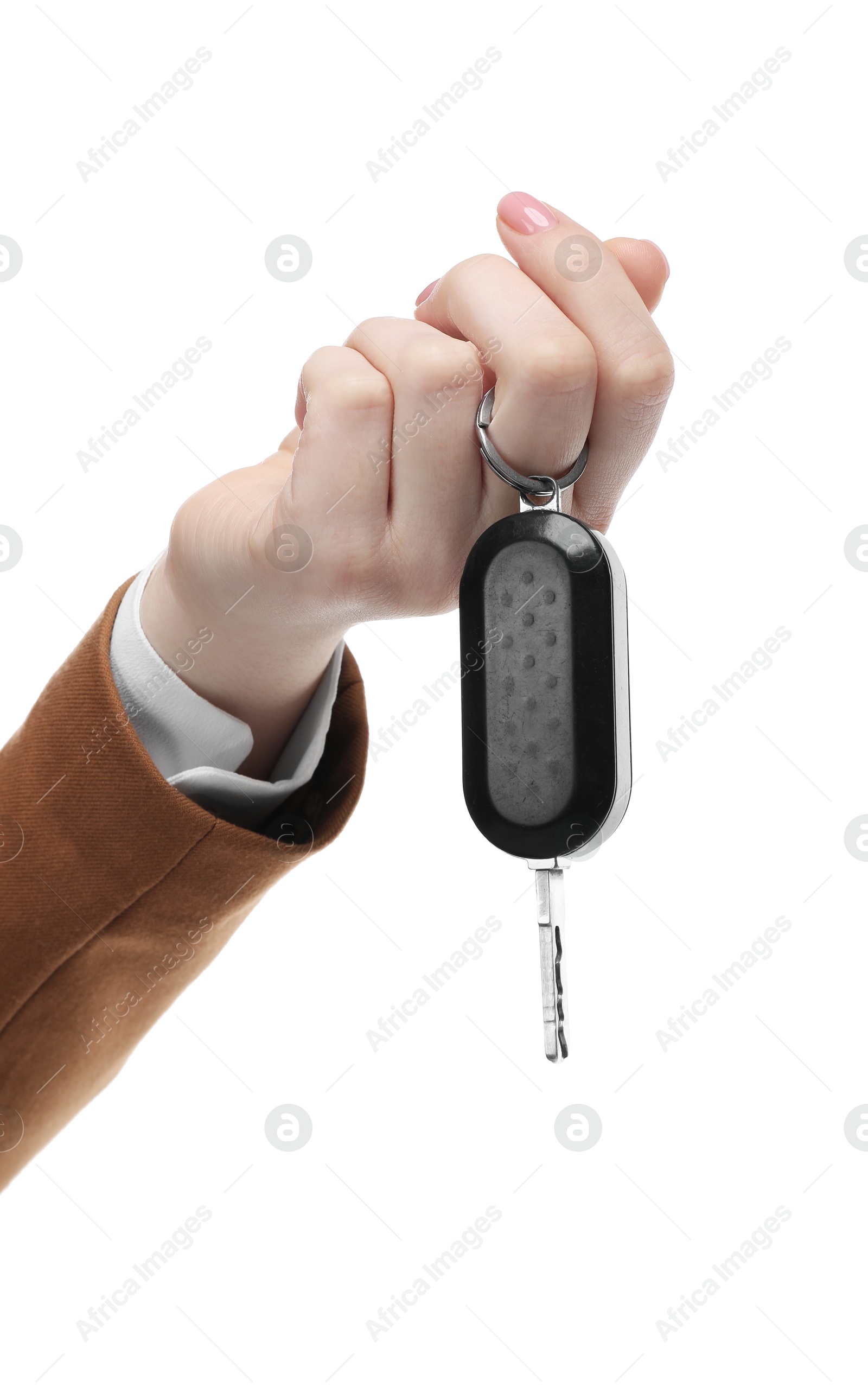 Photo of Woman with car key on white background, closeup. Buying auto