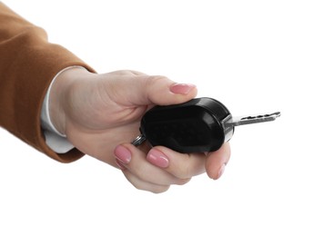 Photo of Woman with car key on white background, closeup. Buying auto