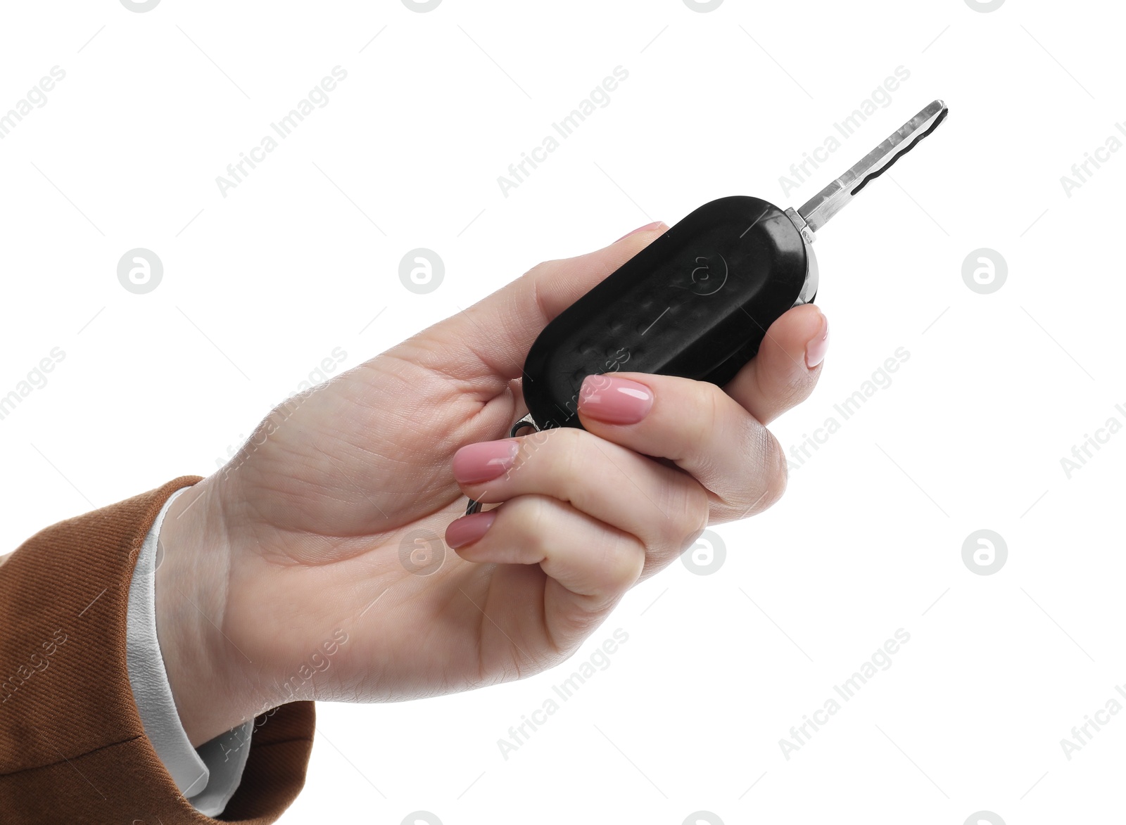 Photo of Woman with car key on white background, closeup. Buying auto