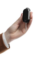 Photo of Woman with car key on white background, closeup. Buying auto