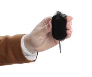 Photo of Woman with car key on white background, closeup. Buying auto