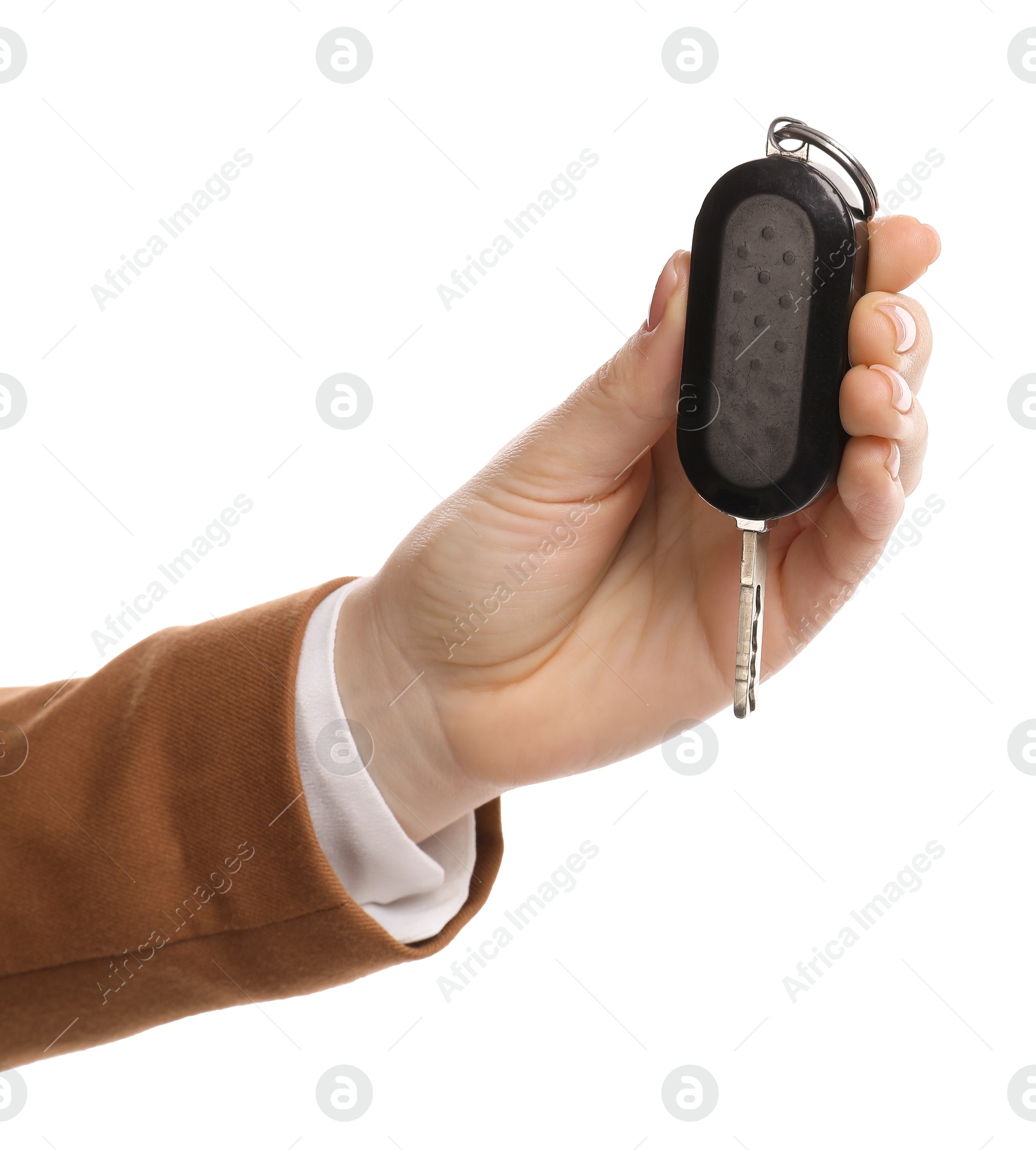 Photo of Woman with car key on white background, closeup. Buying auto