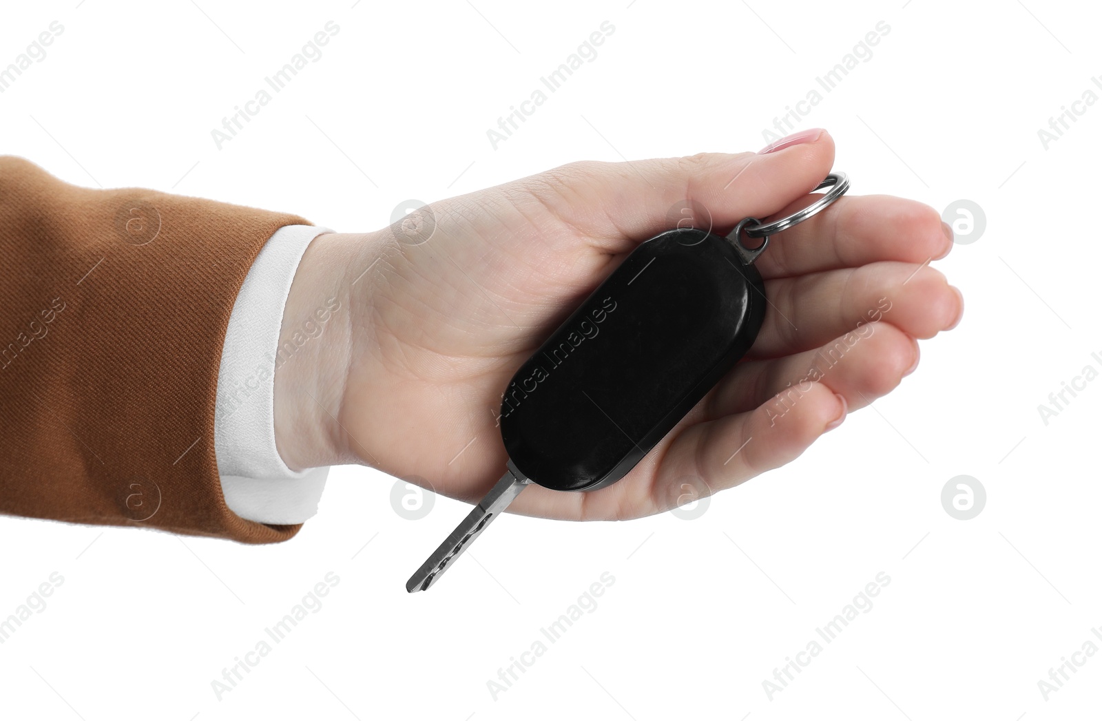 Photo of Woman with car key on white background, closeup. Buying auto