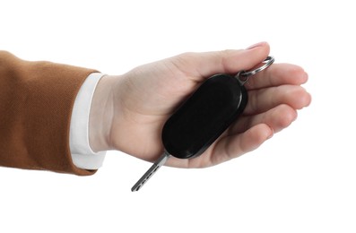 Photo of Woman with car key on white background, closeup. Buying auto