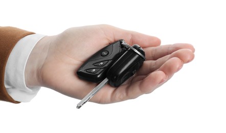 Photo of Woman with car keys on white background, closeup. Buying auto