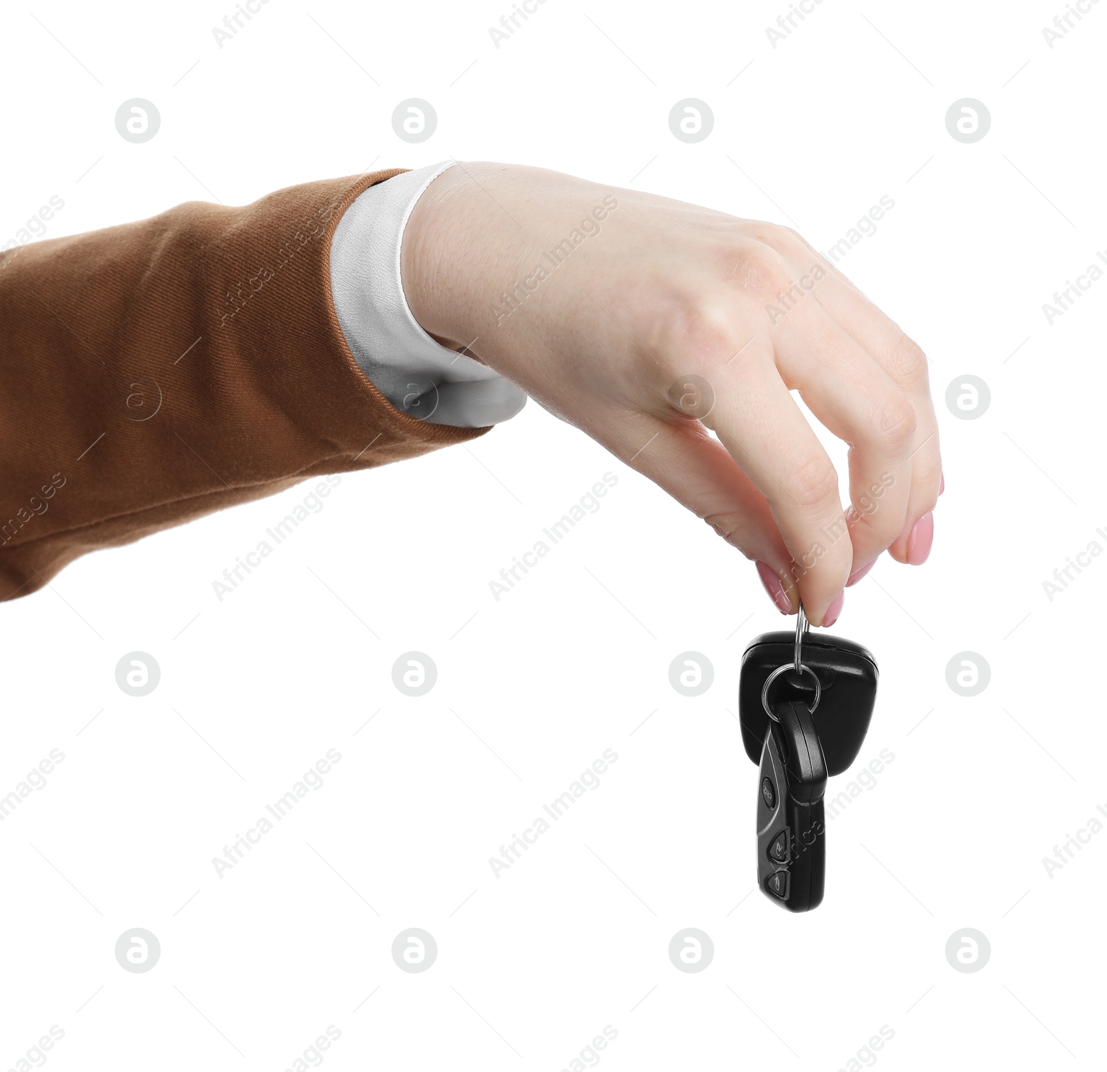 Photo of Woman with car keys on white background, closeup. Buying auto