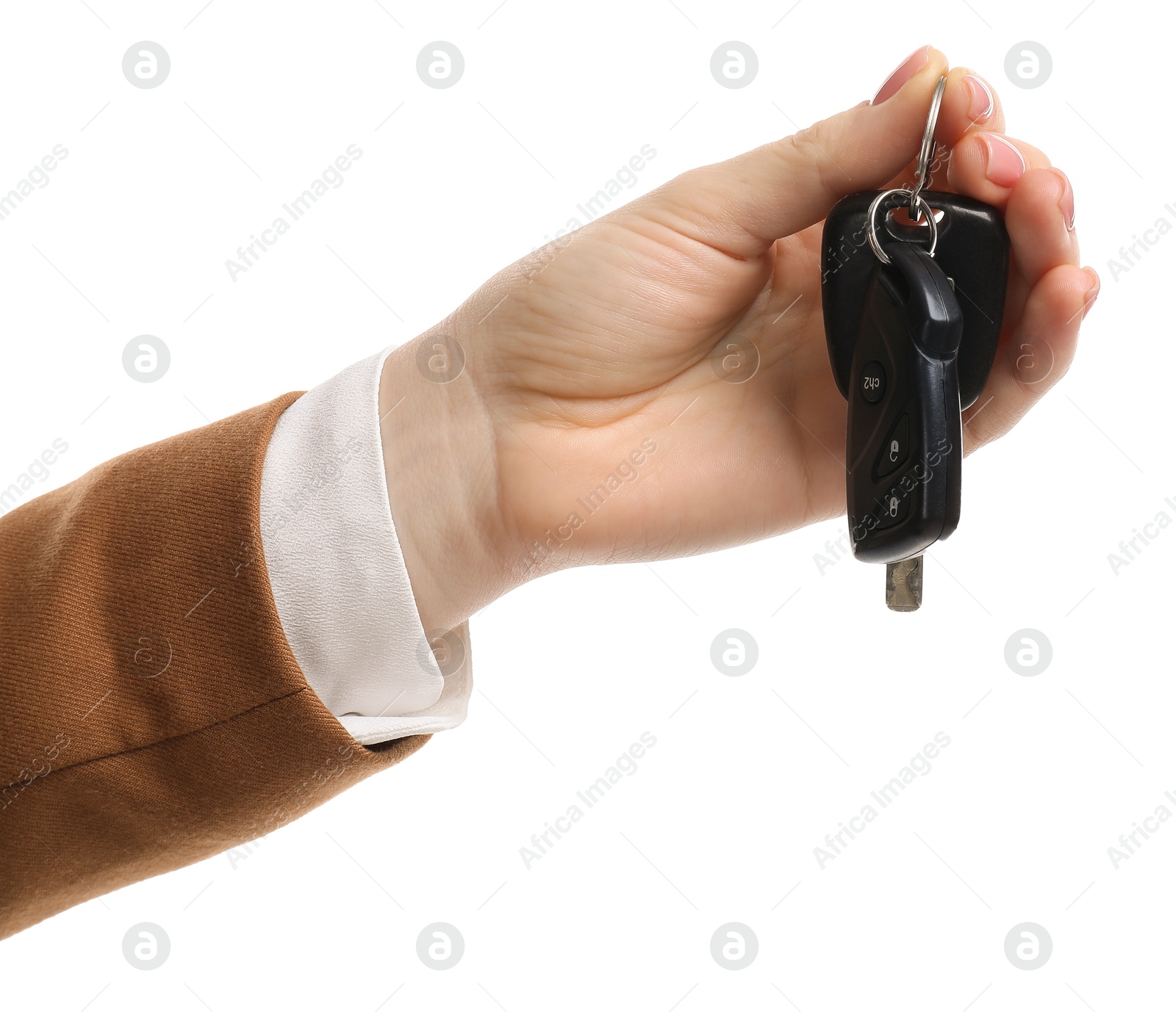 Photo of Woman with car keys on white background, closeup. Buying auto