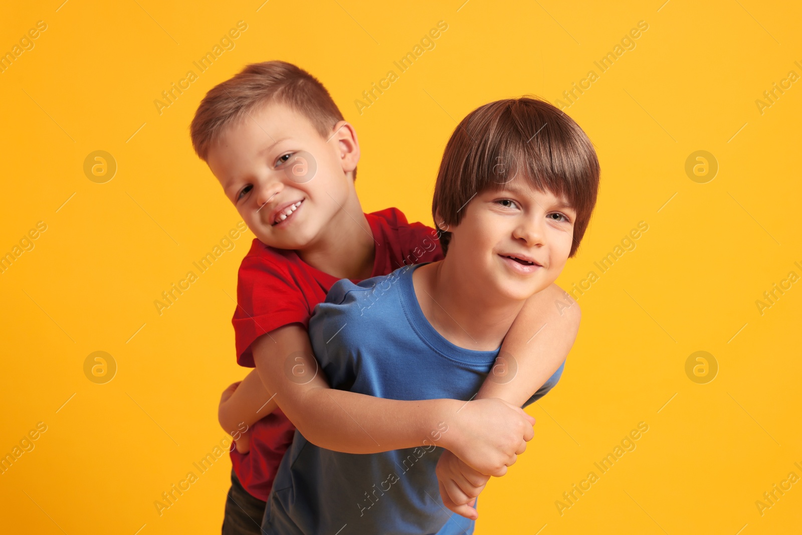 Photo of Portrait of cute brothers on orange background