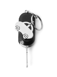 Photo of Car key with keychain isolated on white, top view. Buying auto