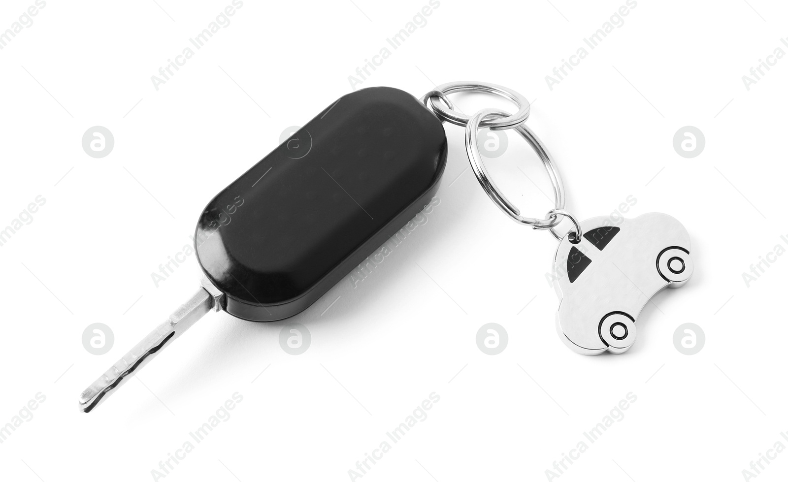 Photo of Car key with keychain isolated on white, top view. Buying auto