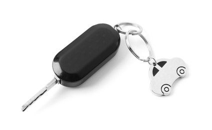 Photo of Car key with keychain isolated on white, top view. Buying auto