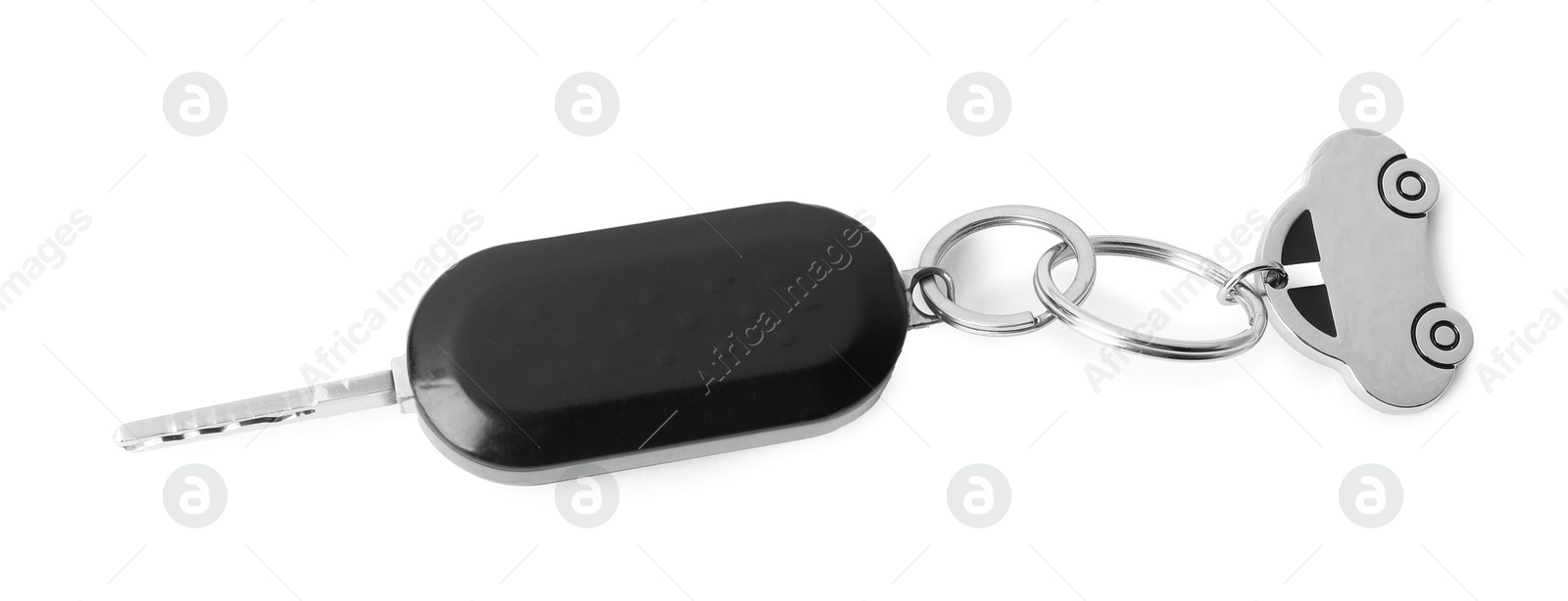 Photo of Car key with keychain isolated on white, top view. Buying auto