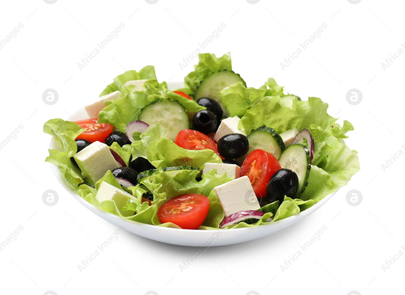 Photo of Delicious fresh Greek salad isolated on white