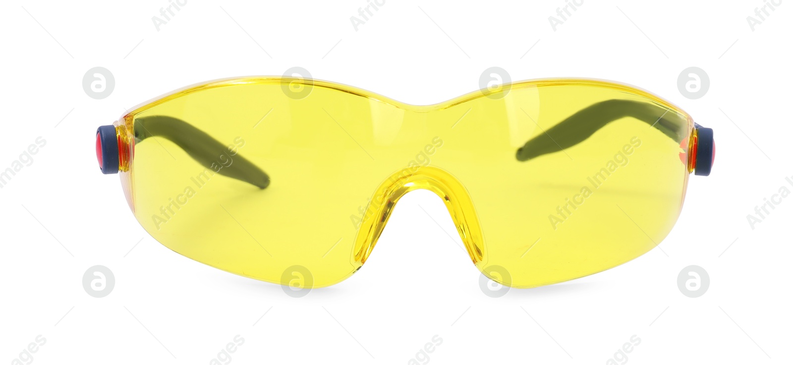 Photo of Protective goggles isolated on white. Safety equipment