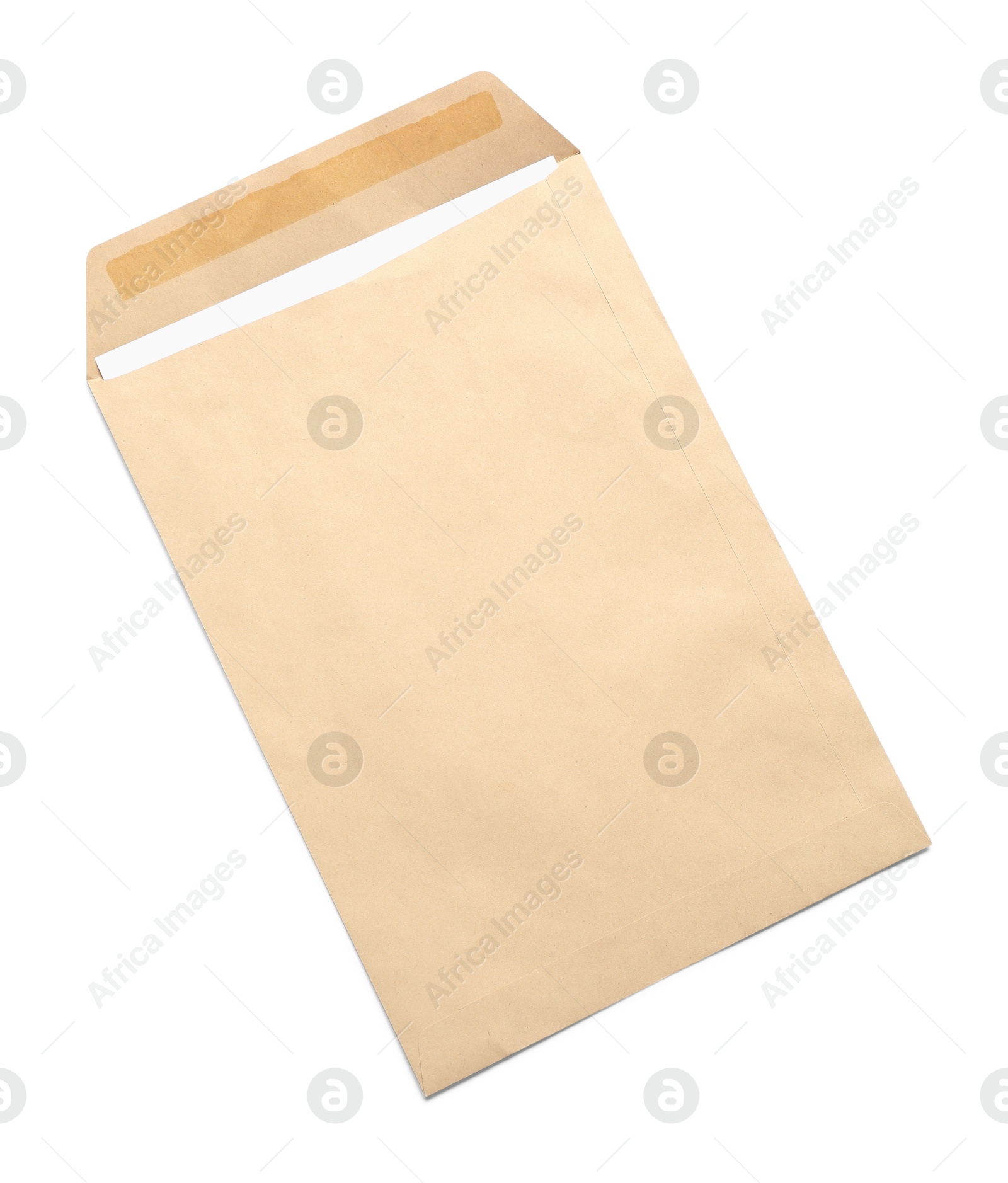 Photo of Envelope with card isolated on white, top view. Mockup for design