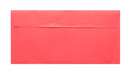 Photo of Red envelope isolated on white, top view. Mockup for design