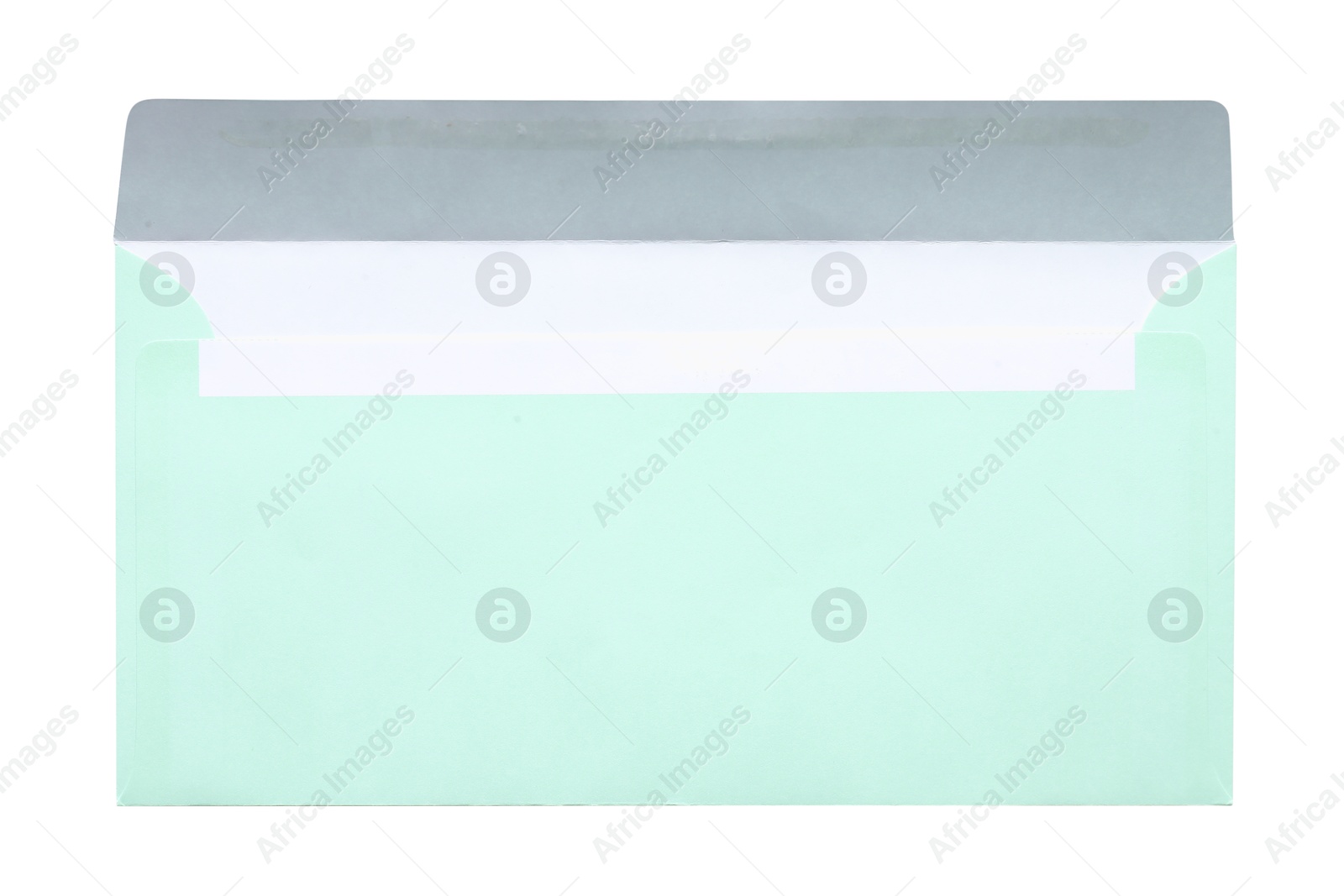 Photo of Green envelope isolated on white, top view. Mockup for design