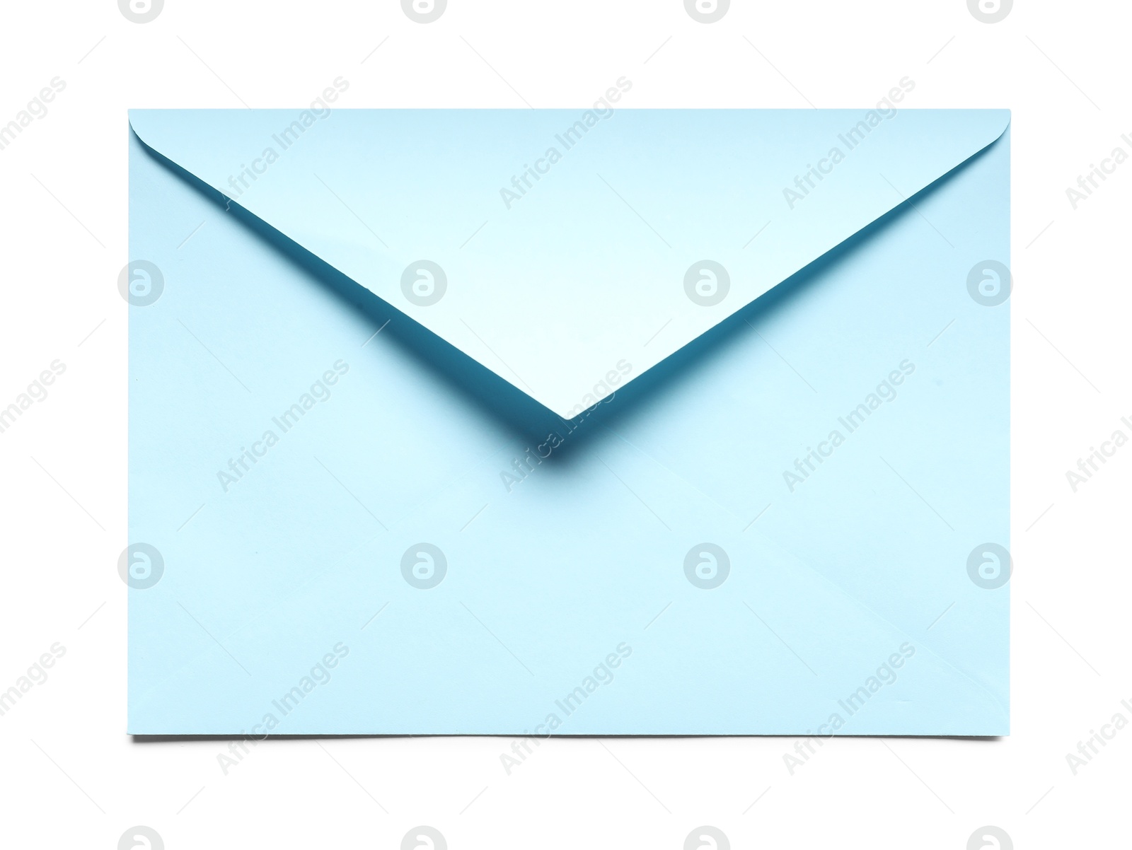 Photo of Blue envelope isolated on white, top view. Mockup for design