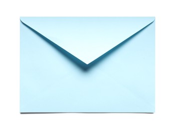 Photo of Blue envelope isolated on white, top view. Mockup for design