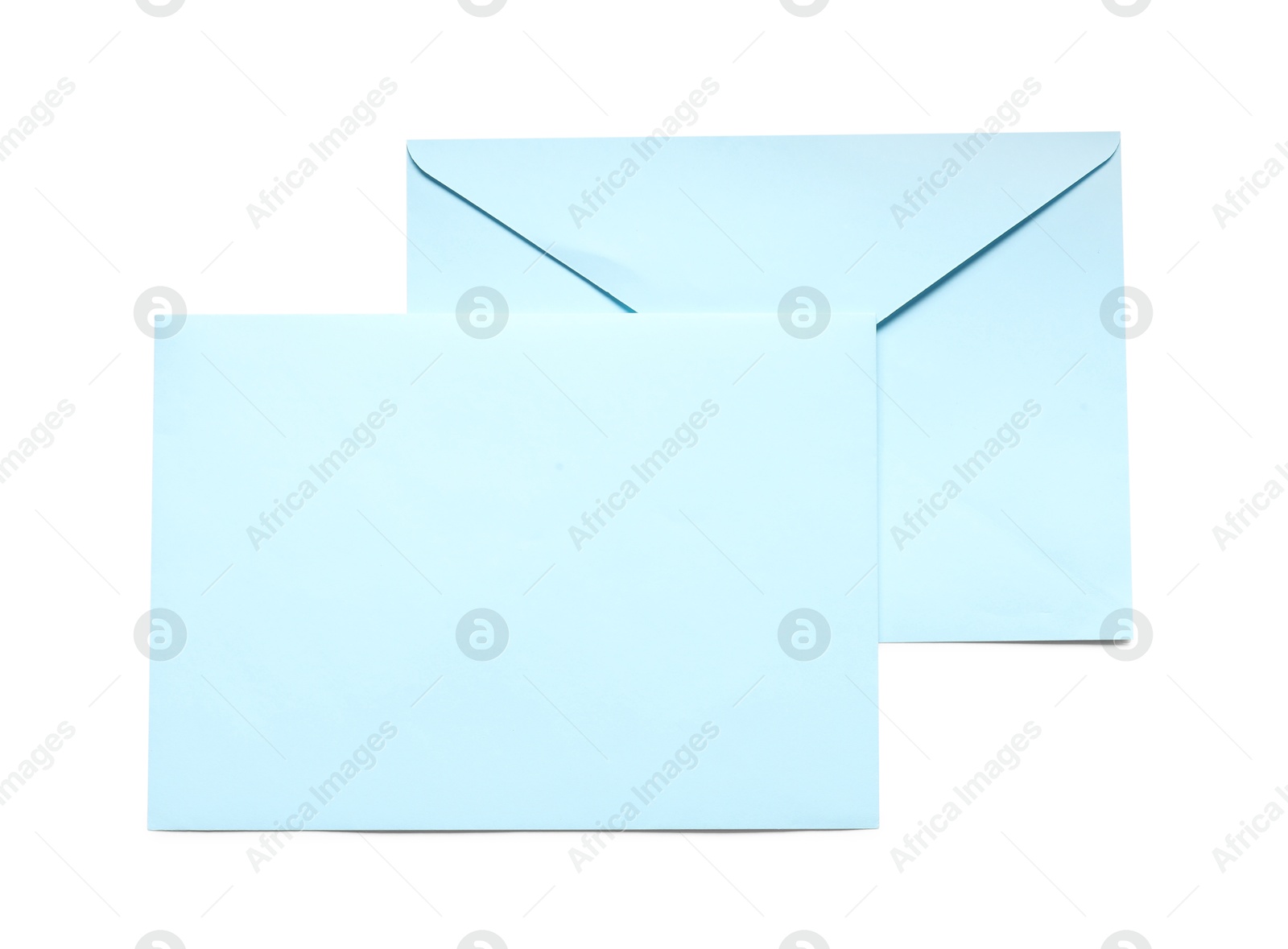 Photo of Blue envelopes isolated on white, top view. Mockup for design