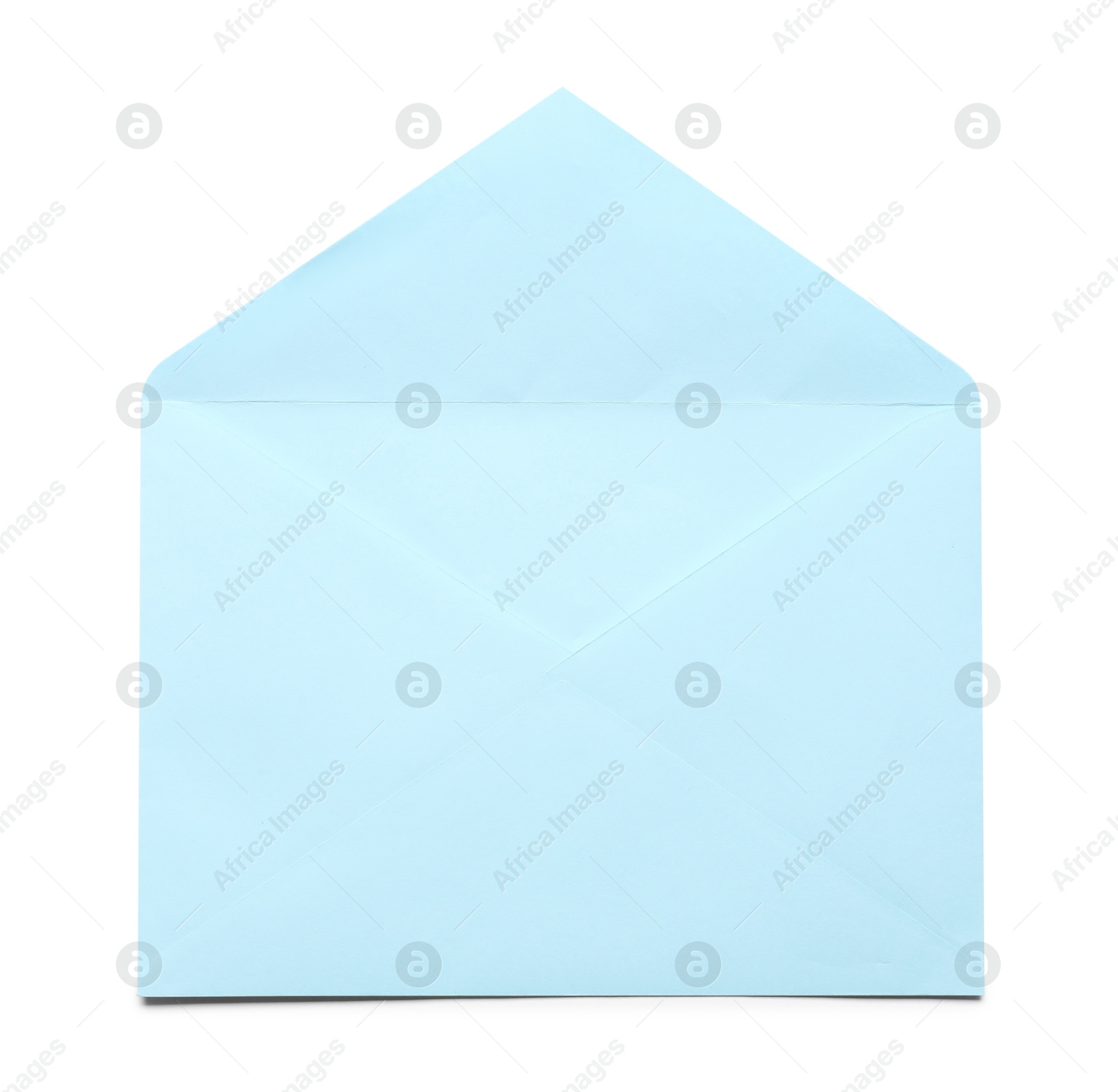 Photo of Blue envelope isolated on white, top view. Mockup for design