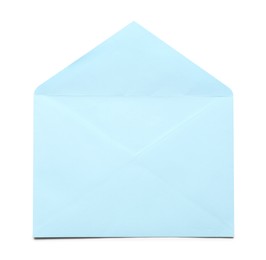 Photo of Blue envelope isolated on white, top view. Mockup for design