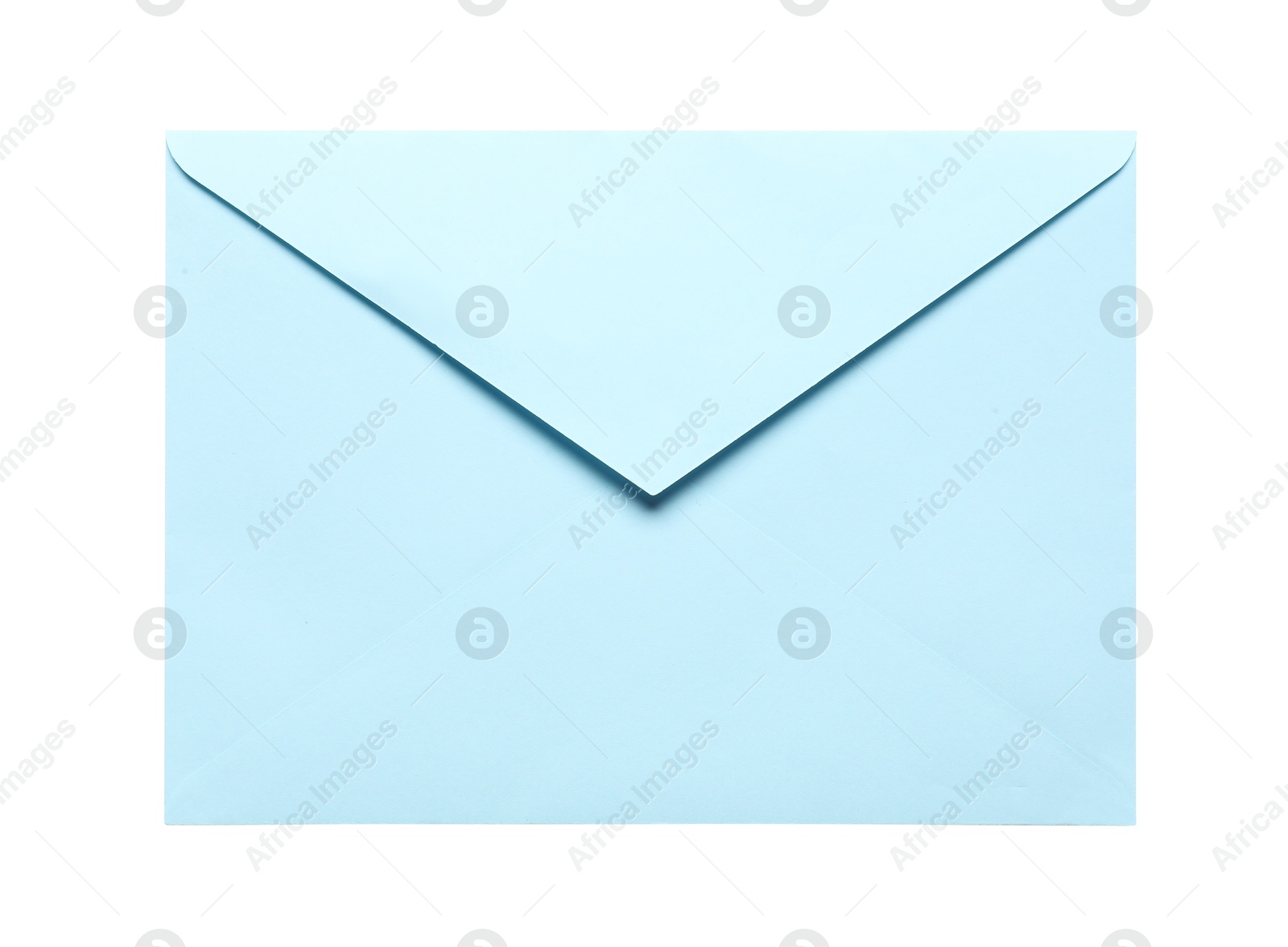 Photo of Blue envelope isolated on white, top view. Mockup for design