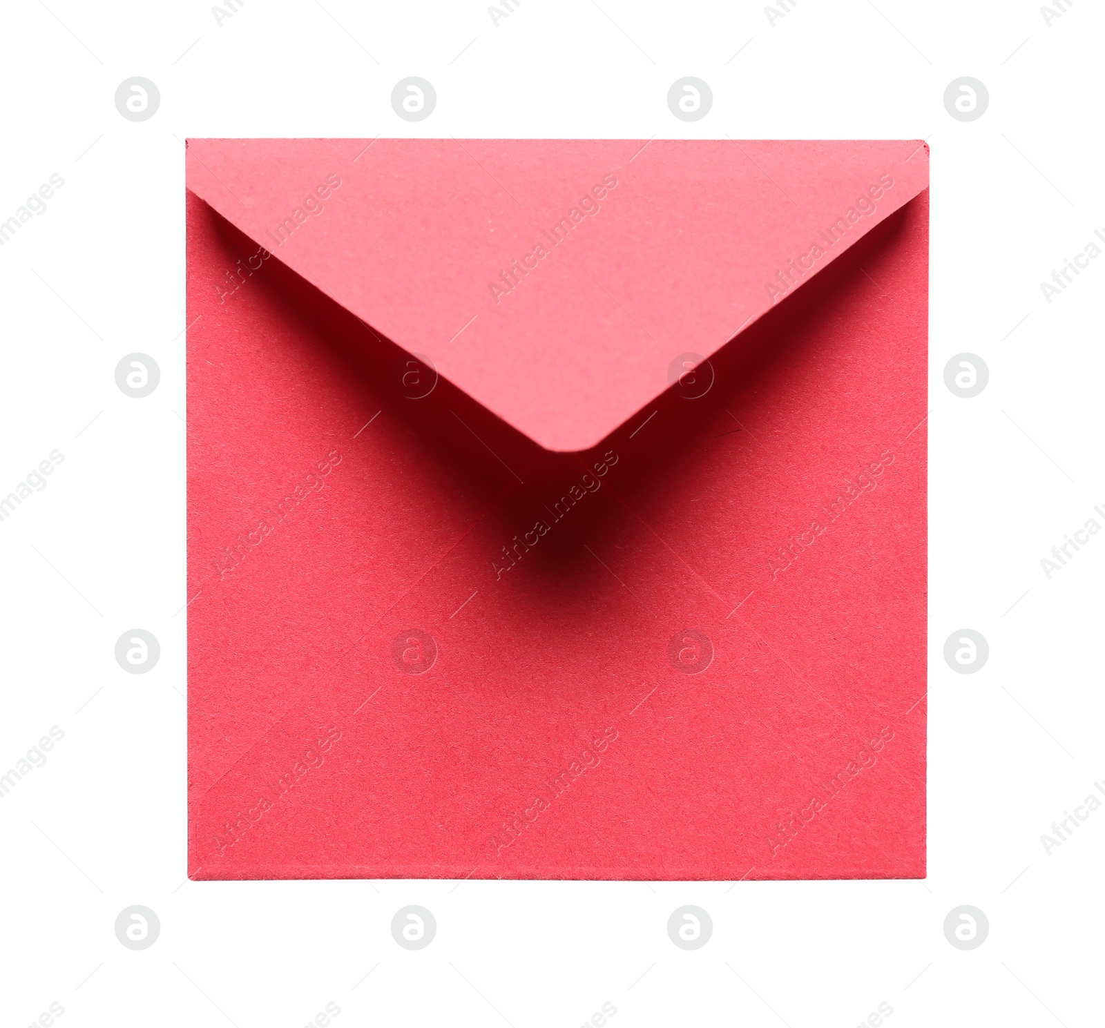 Photo of Red envelope isolated on white, top view. Mockup for design