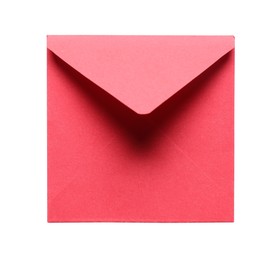 Photo of Red envelope isolated on white, top view. Mockup for design