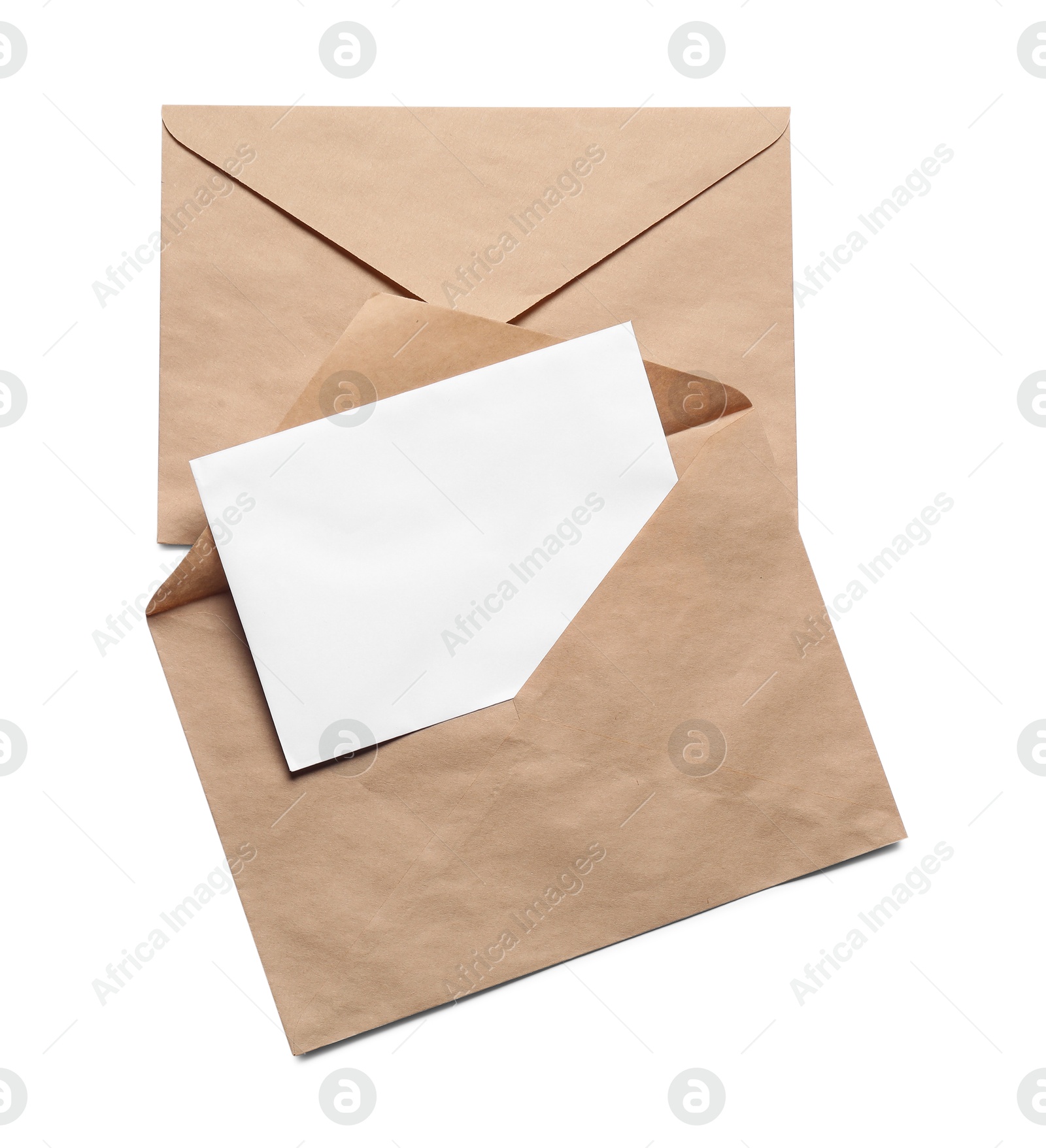 Photo of Envelopes isolated with card on white, top view. Mockup for design