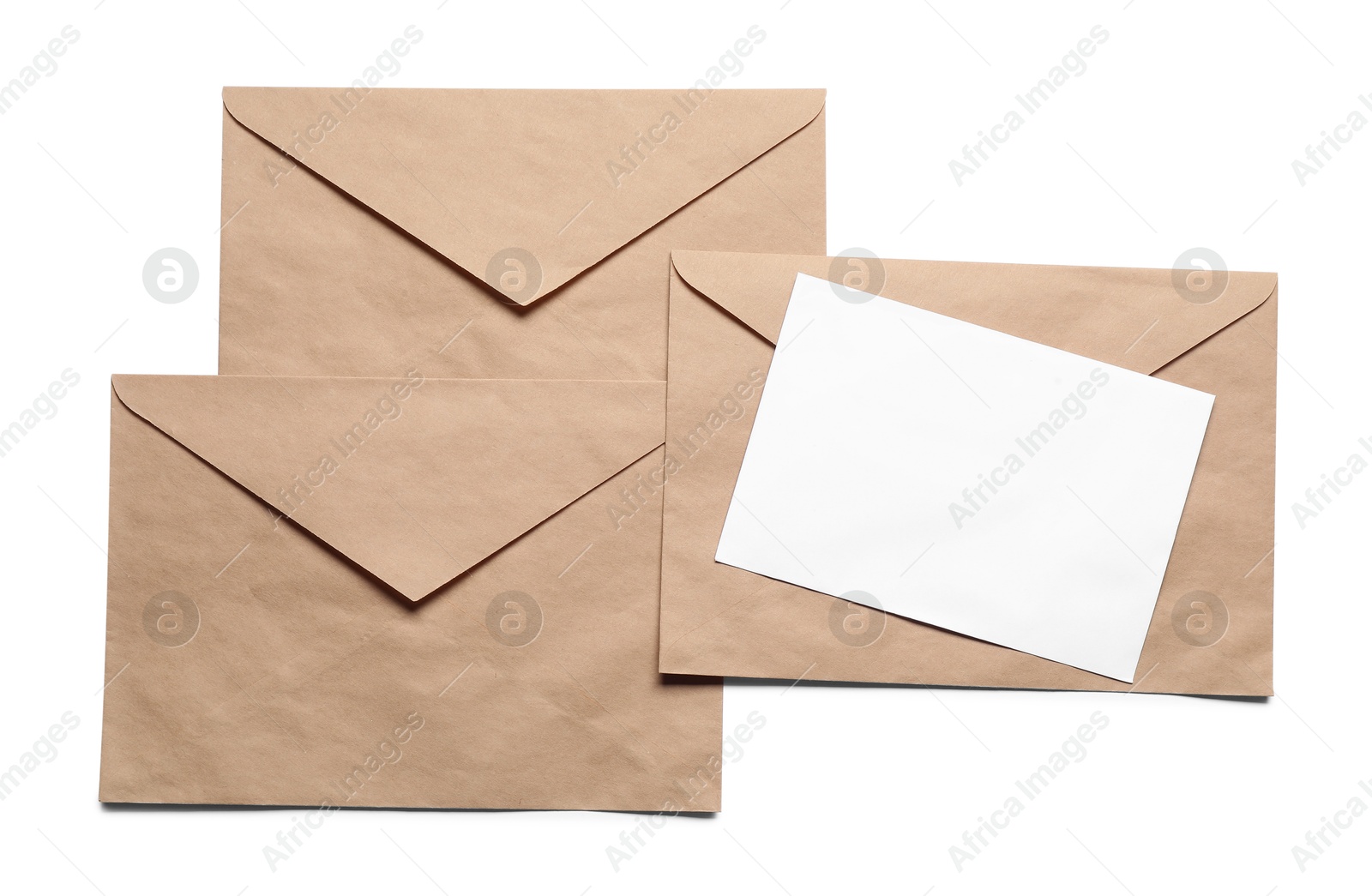 Photo of Envelopes isolated with card on white, top view. Mockup for design