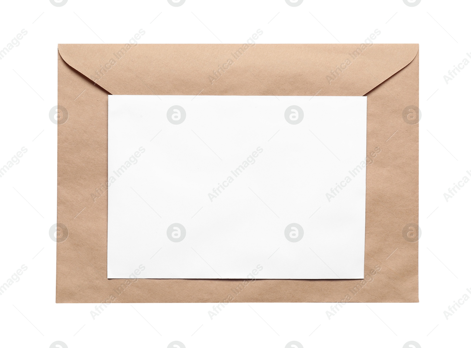 Photo of Envelope with card isolated on white, top view. Mockup for design