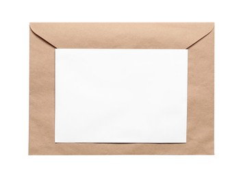 Photo of Envelope with card isolated on white, top view. Mockup for design