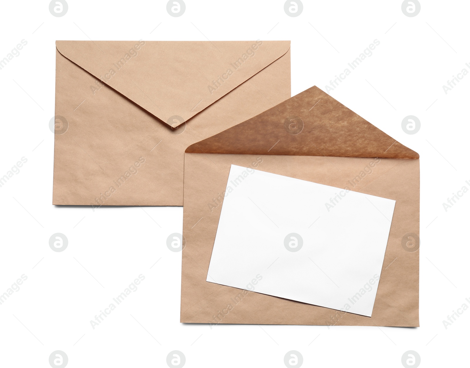 Photo of Envelopes isolated with card on white, top view. Mockup for design