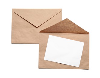 Photo of Envelopes isolated with card on white, top view. Mockup for design