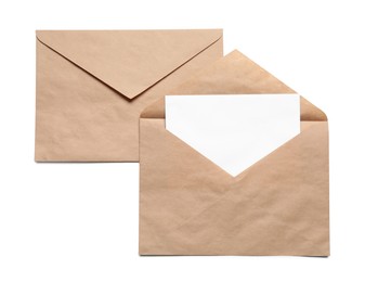 Photo of Envelopes isolated with card on white, top view. Mockup for design