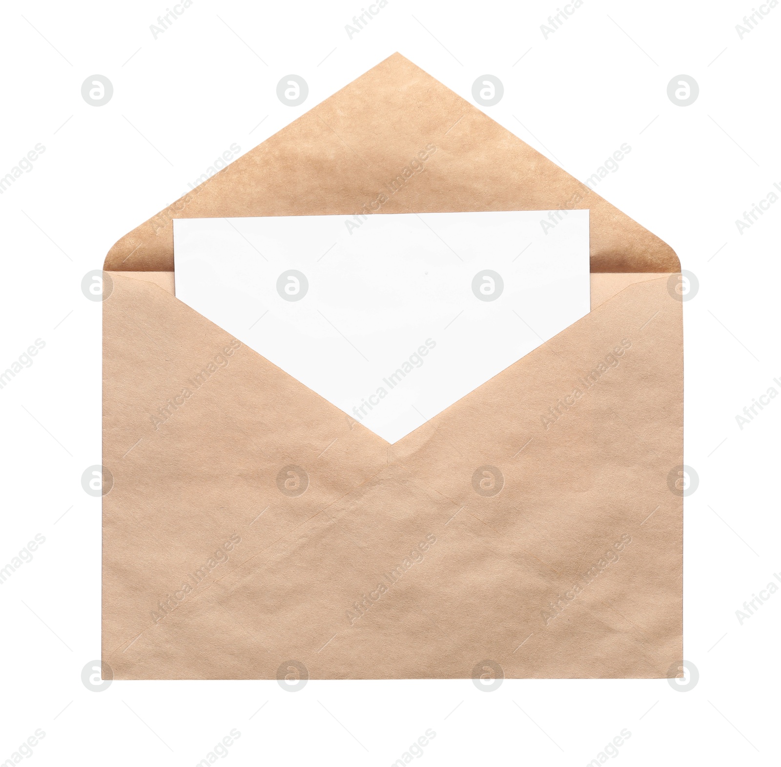 Photo of Envelope with card isolated on white, top view. Mockup for design